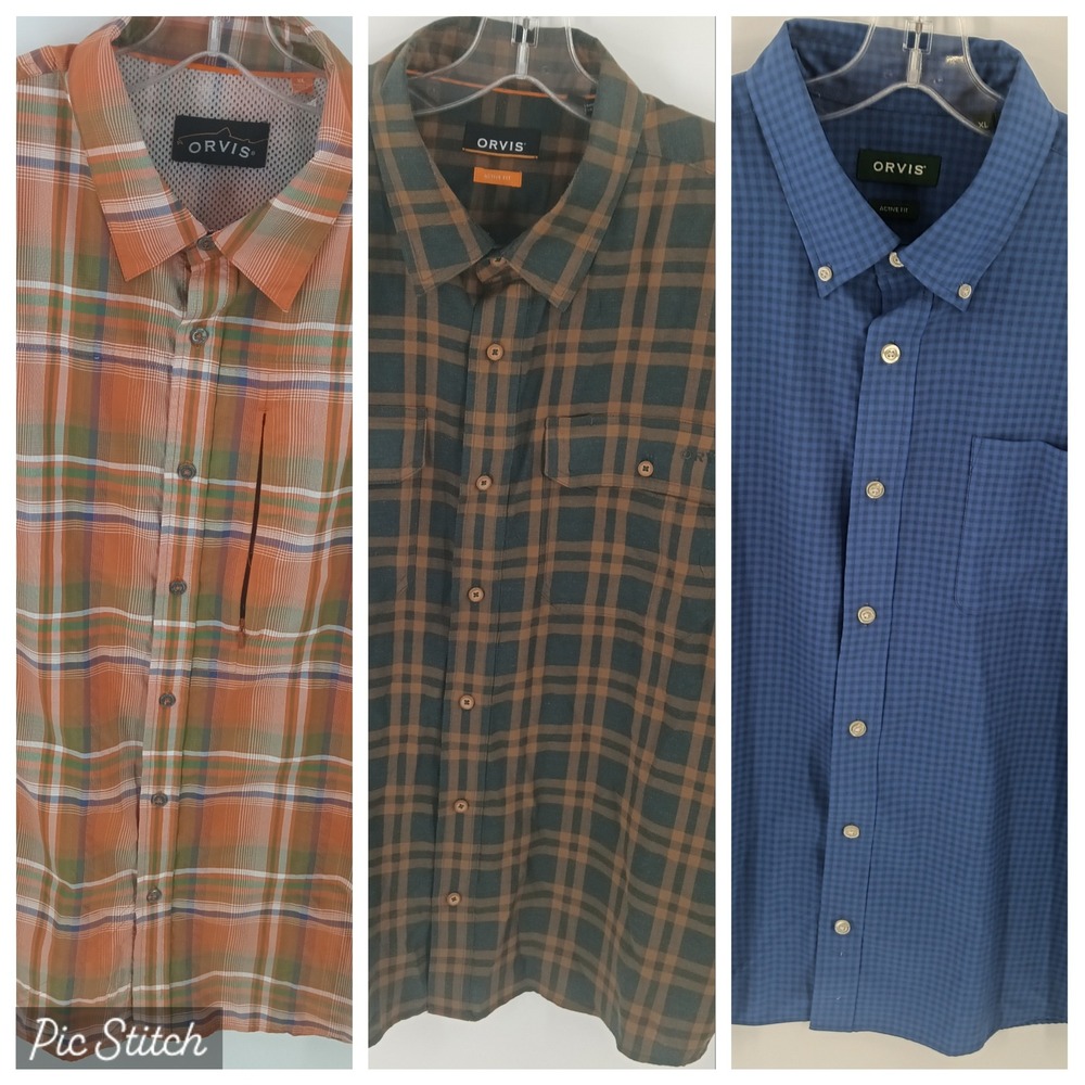 Lot of 3 Orvis Mens Active fit Shirt XL Plaid Tech Flannel Gingham Fishing